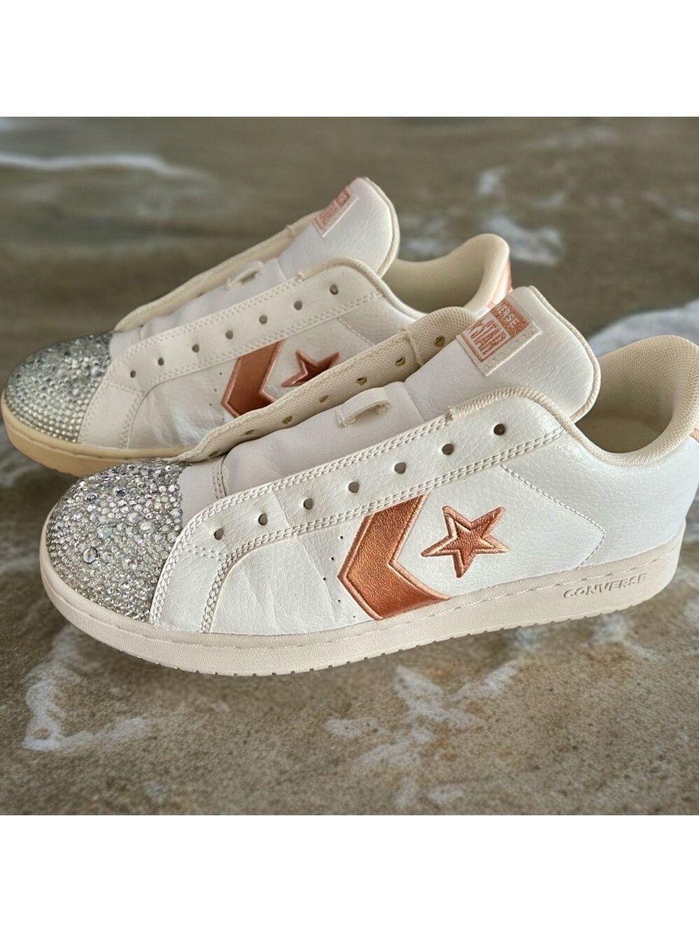 Converse Rose Gold White Sneakers Large Rhinestone Accents - Picture 5 of 8